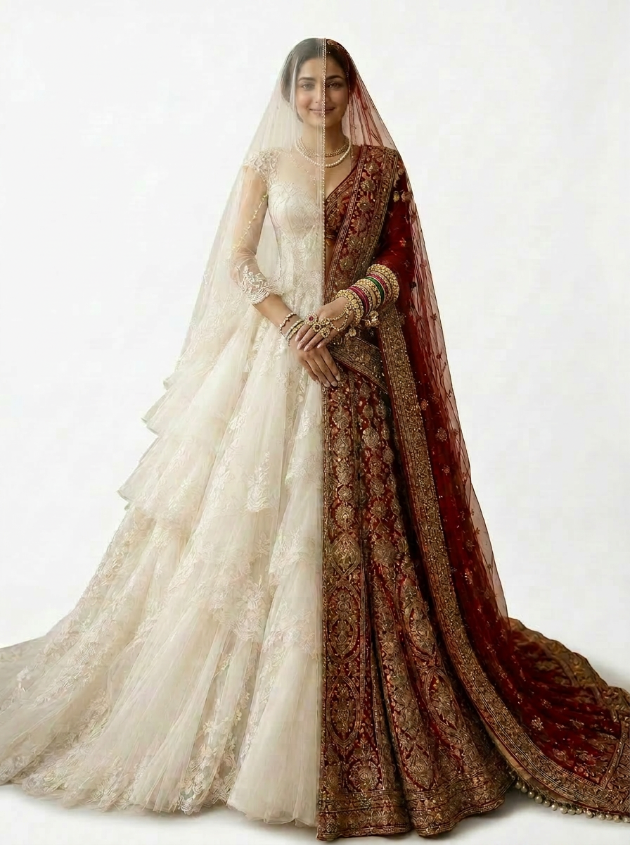 Banno to Be — fusion couture gown blending pearl-ivory haute couture with ruby and gold zardozi